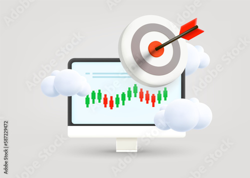 Online trading concept with darts and charts. 3d vector illustration