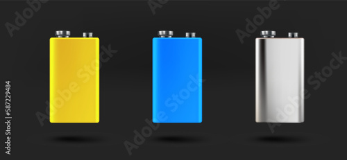 Different 9v batteries icons collection. 3d vector isolated on black background