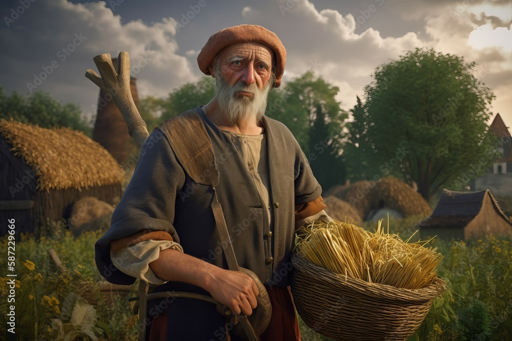 Medieval farmer with wheat basket. Generate Ai - obrazy, fototapety, plakaty 