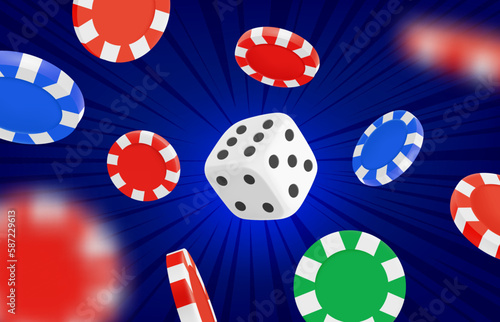 Casino game concept with dice and casini chips. 3d vector concept