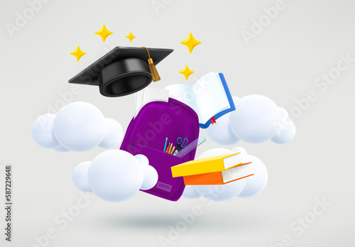 Back to school concept. Graduation cap, school bag, stationery and books. 3d vector illustration
