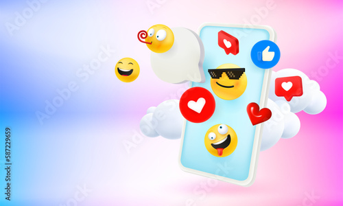 Social media mobile application use concept with emoji and smartphone. 3d vector banner with copy space