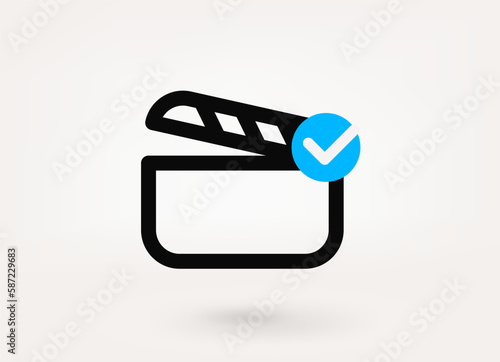Cinema clapper pictogram with approve check mark. Linear vector linear icon