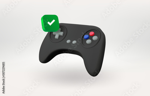 Gamepad icon with green check mark. 3d vector icon 