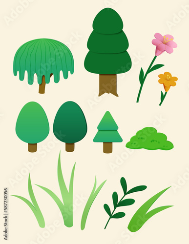 Paper cut style plant elements set