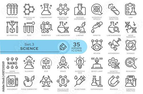Set of conceptual icons. Vector icons in flat linear style for web sites, applications and other graphic resources. Set from the series - Science . Editable outline icon.	