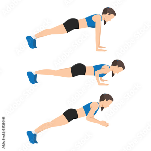 Sport woman doing exercise with Clapping Push Up posture start with plank and end with a clap in midair. Workout poses for Cardio.