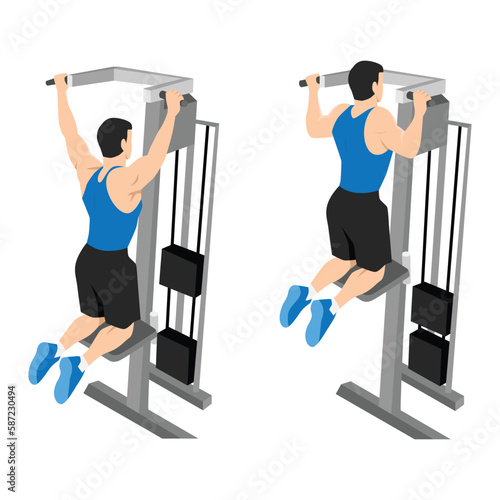 Man doing pull ups exercise. Machine or assisted pull up