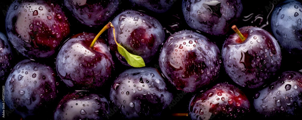 Fototapeta premium Background with many fresh plums - Generative AI