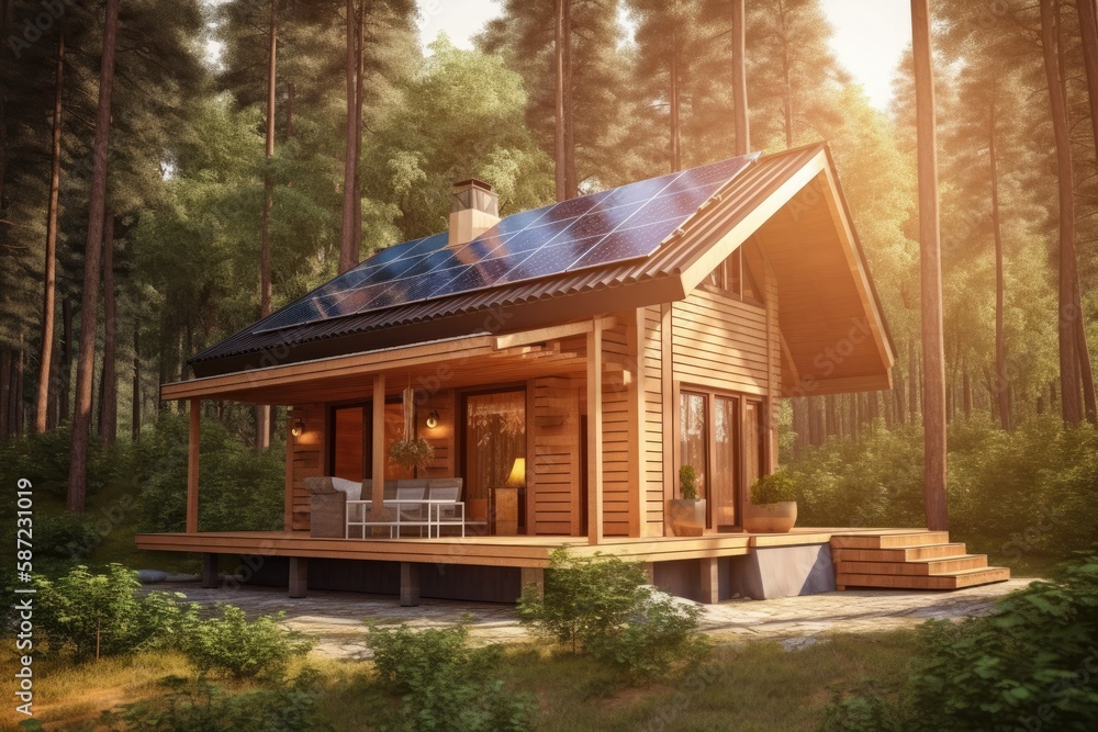 3d render of modern forest cabin with solar panels on the roof 3d render of modern forest cabin with solar panels on the roof