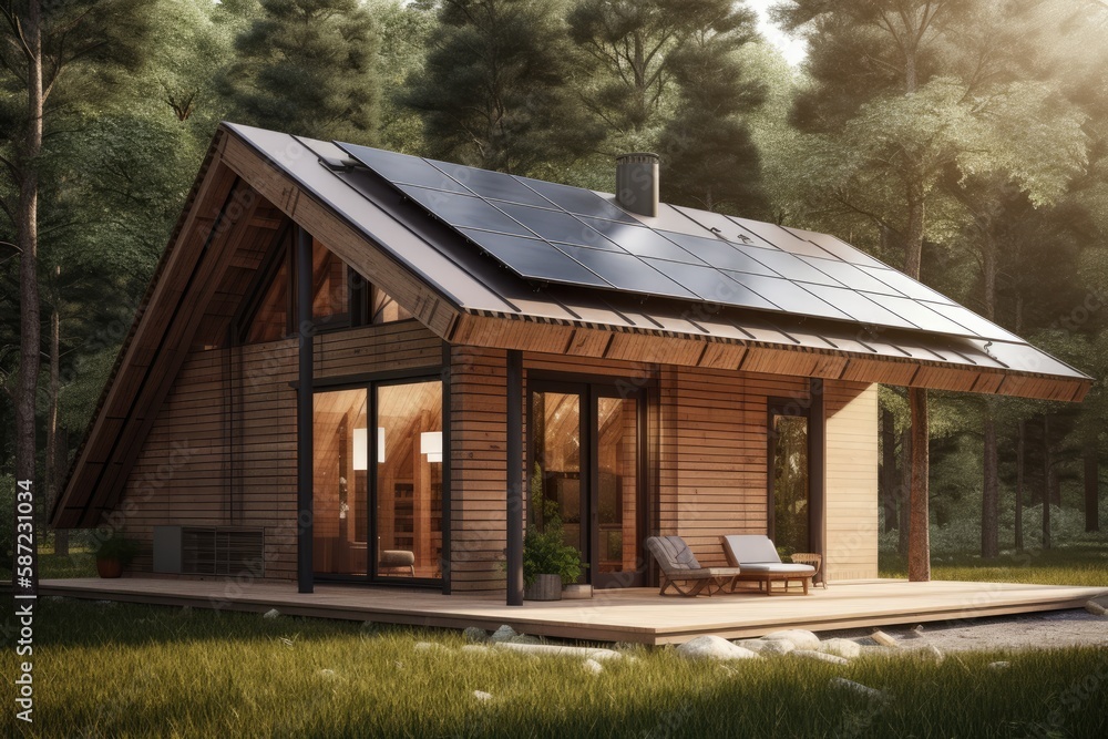3d render of modern forest cabin with solar panels on the roof 3d render of modern forest cabin with solar panels on the roof
