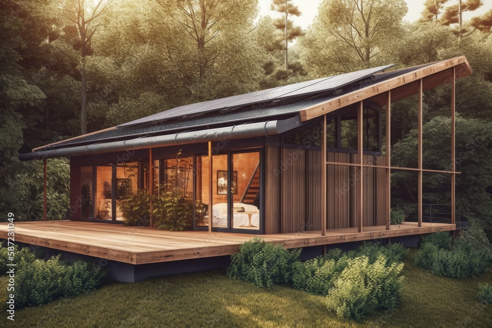 3d render of modern forest cabin with solar panels on the roof 3d render of modern forest cabin with solar panels on the roof