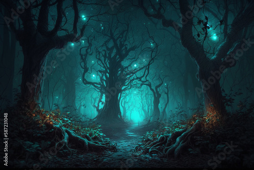 Realistic haunted forest creepy landscape at night fantasy forest background digital art, Generative AI 