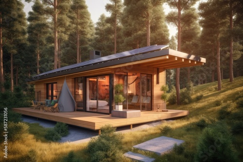 3d render of modern forest cabin with solar panels on the roof