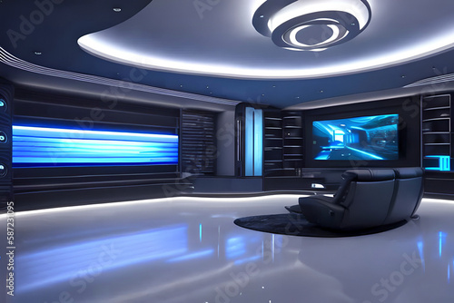 Generative AI image of a futuristic entertainment room for modern homes