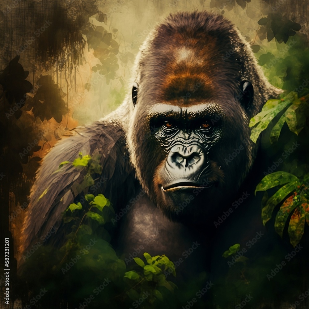 huge male silverback gorilla in the forest endangered species watercolour style ai illustration