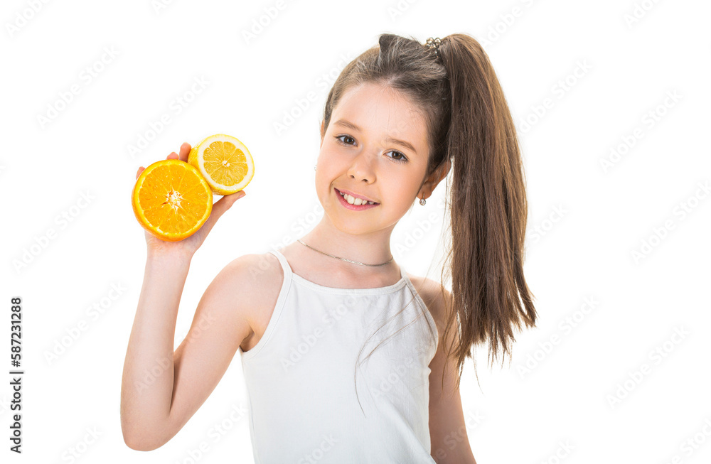 Teenager holding citrus orange fruit. Beautiful little girl with oranges, lemons, grapefruits, vitamin. Baby girl holding a big juicy orange. Little girl holding and eating lemons on white background Teenager holding citrus orange fruit. Beautiful little girl with oranges, lemons, grapefruits, vitamin. Baby girl holding a big juicy orange. Little girl holding and eating lemons on white background