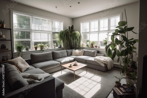 Bright, tidy living room with tall plants and gray sofa. Generative AI
