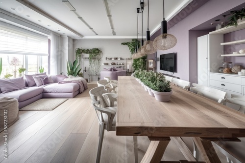Contemporary white and purple dining and living room. Table, seats, and carpet. Farmhouse decor,. Generative AI