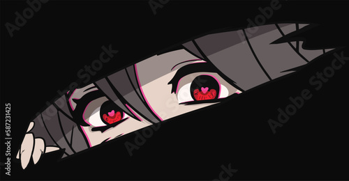 Anime manga eyes looking from a paper tear. Red yandere eyes with hearts. Vector hand drawn image on black background.