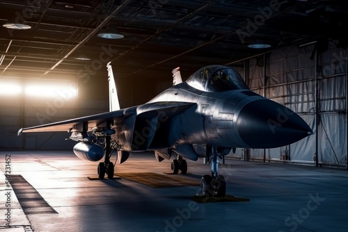 Military jet in hangar. Generate Ai photo