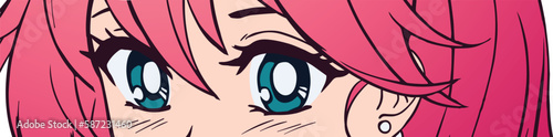 Anime manga style cute eyes. Girl with pink hair. Hand drawn vector