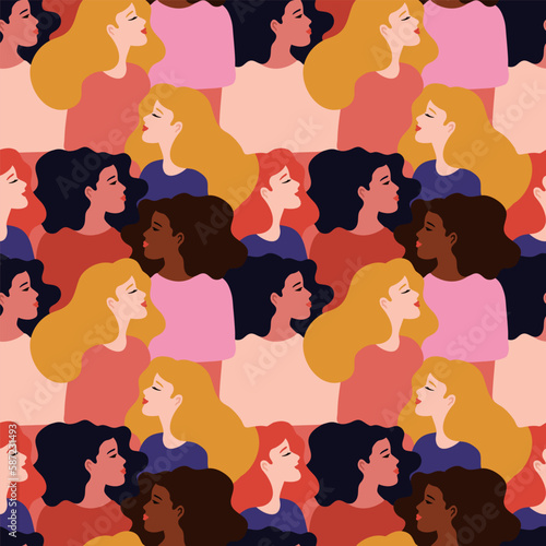 Seamless pattern with young women with different skin color.Social diversity. Vector illustration