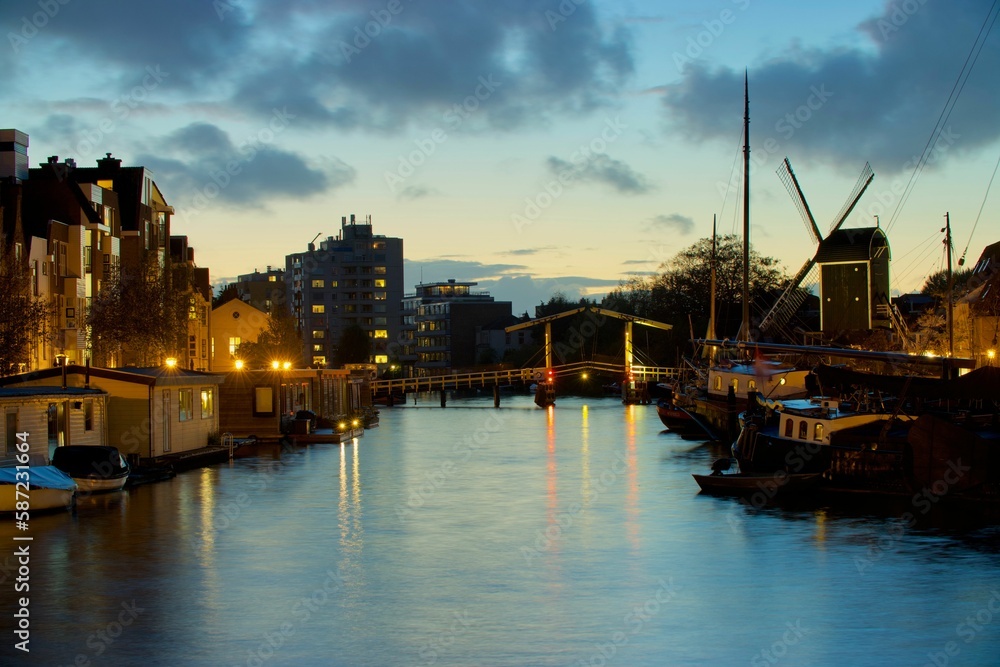 City of Leiden in the evening with a cloudy sky in the background, in the Netherlands