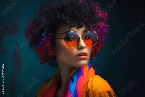 Beautiful fashion model portrait. European young woman wearing glasses. Bright colors, stylish makeup. Generative AI