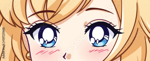 Anime manga blue eyes close up. Blonde hair. Hand drawn vector illustration
