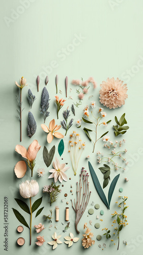 Watercolor flowers and pletals on pastel green background decoration by generative ai photo