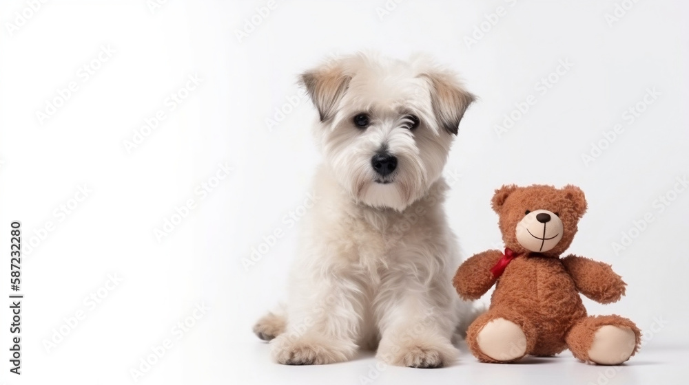 A cute dog sitting next to a teddy bear, a mothers day banner. A cute dog sitting next to a teddy bear, a mothers day banner.