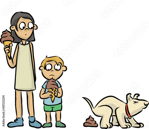 Witzige Illustration von zwei kleinen Kindern mit Schokoladeneis, die wegen eines kognitiven Missverständnisses verunsichert und geschockt auf den Hundehaufen eines weißen Terriers schauen