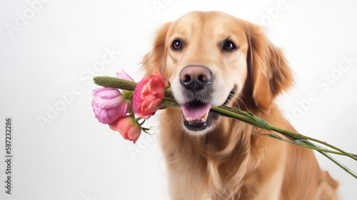 A cute dog holding beautiful flowers, mothers day banner. 