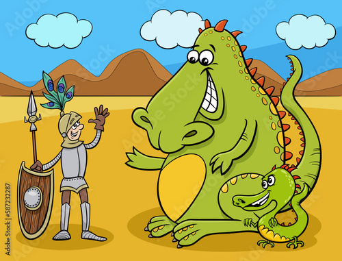 dragons and knight having a friendly talk cartoon illustration