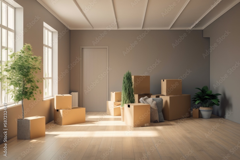 Empty room full with boxes and plants.Moving in the new home concept.Interior with moving boxes in empty white room 3d render Empty room full with boxes and plants.Moving in the new home concept.Interior with moving boxes in empty white room 3d render