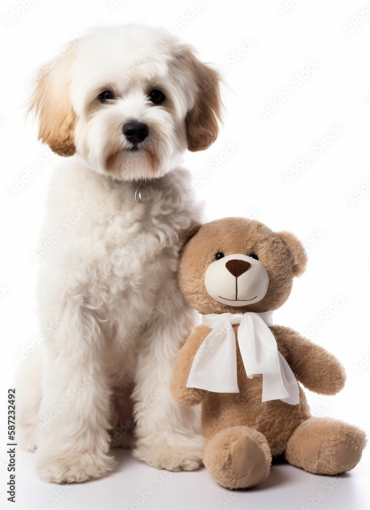 Obraz premium A cute dog standing next to a teddy bear, mothers day card.