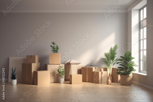 Empty room full with boxes and plants.Moving in the new home concept.Interior with moving boxes in empty white room 3d render © Tixel