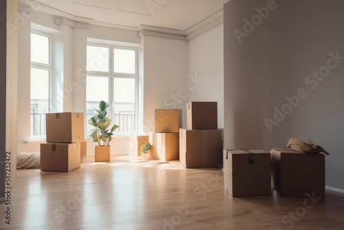 Empty room full with boxes and plants.Moving in the new home concept.Interior with moving boxes in empty white room 3d render