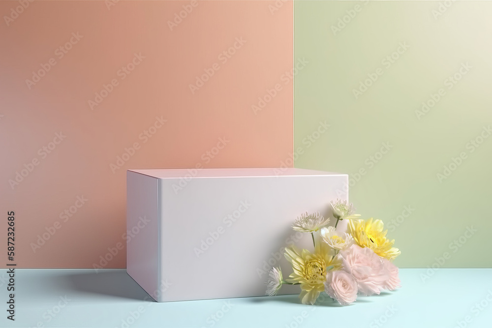 Youthful minimalist Mock Up concept for beauty and lifestyle product presentation, simple empty podium decorated with spring flowers, pink, teal, orange, coral pastel colored background, generative AI Youthful minimalist Mock Up concept for beauty and lifestyle product presentation, simple empty podium decorated with spring flowers, pink, teal, orange, coral pastel colored background, generative AI