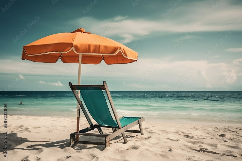Sunny Beach Landscape with Umbrella and Chairs, space for text