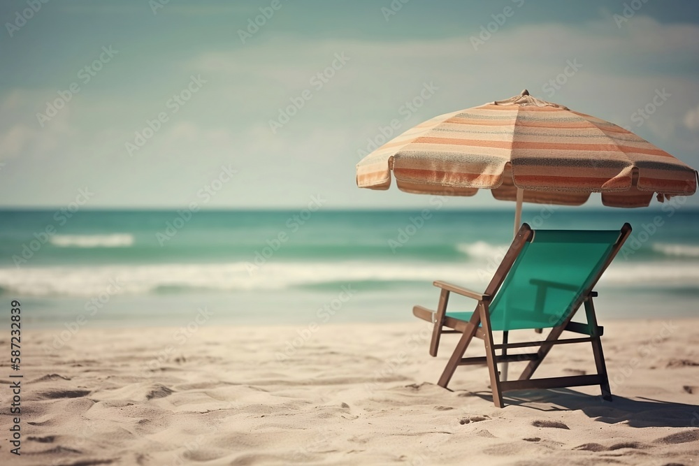 Sunny Beach Landscape with Umbrella and Chairs, space for text
