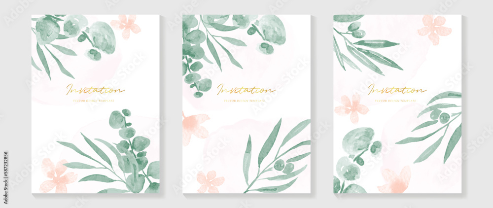 Luxury wedding invitation card background vector. Elegant watercolor texture in plants, pink flower, leaf. Spring floral design illustration for wedding and vip cover template, banner, invite.