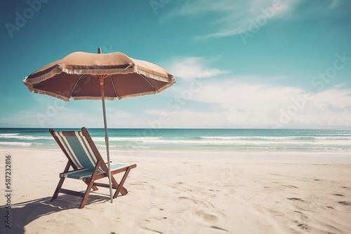 Sunny Beach Landscape with Umbrella and Chairs, space for text © Thares2020