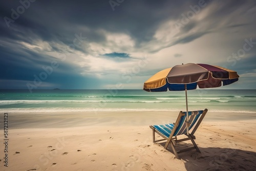 Sunny Beach Landscape with Umbrella and Chairs  space for text