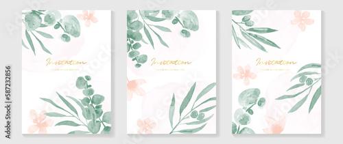 Luxury wedding invitation card background vector. Elegant watercolor texture in plants, pink flower, leaf. Spring floral design illustration for wedding and vip cover template, banner, invite.