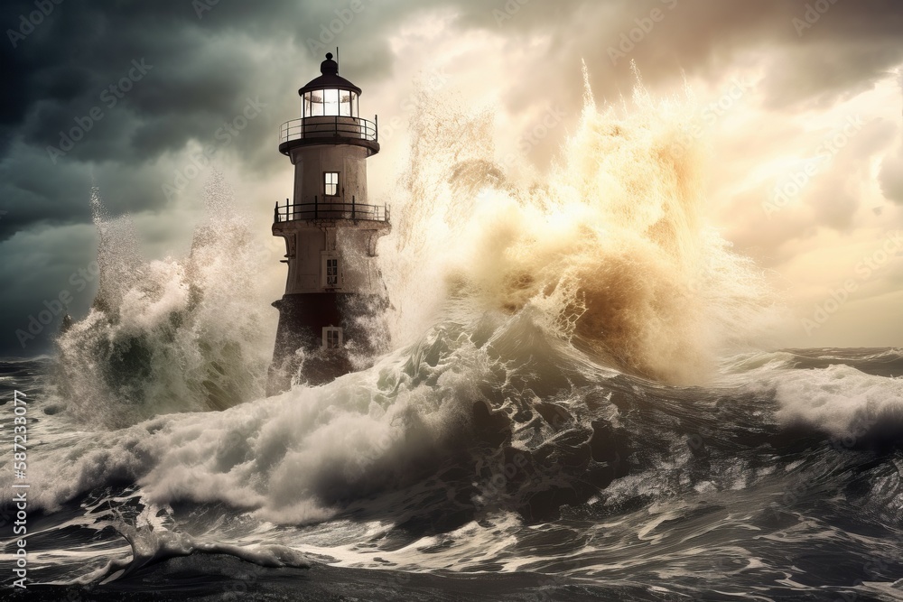 Lighthouse massive storm splash. Generate Ai