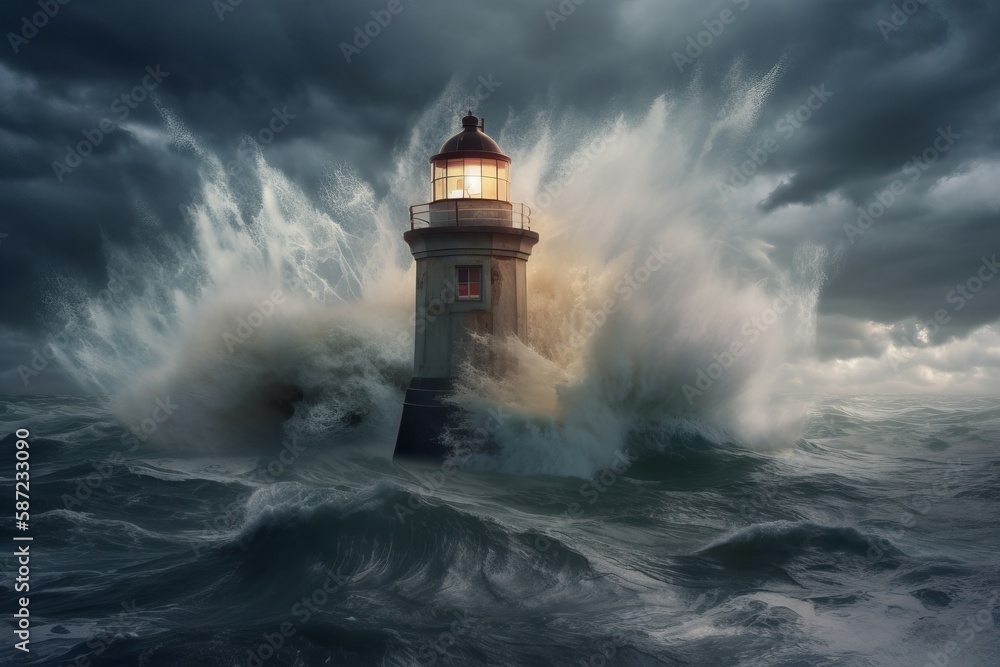 Sea storm splash on lighthouse. Generate Ai