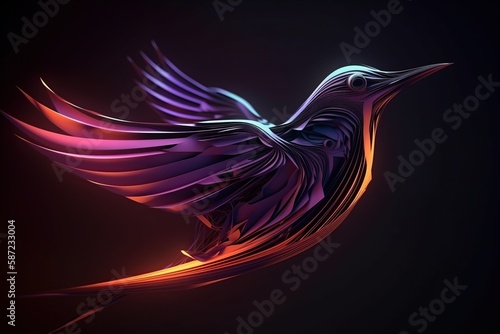 Futuristic glowing low poly flying bird, abstract dark bird isolated on dark background made with generative AI photo