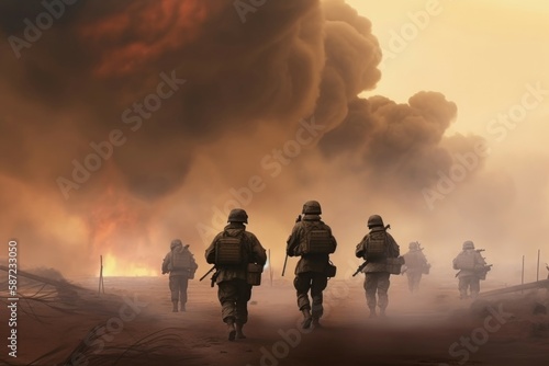 Warzone soldiers in smoke. Generate Ai © nsit0108
